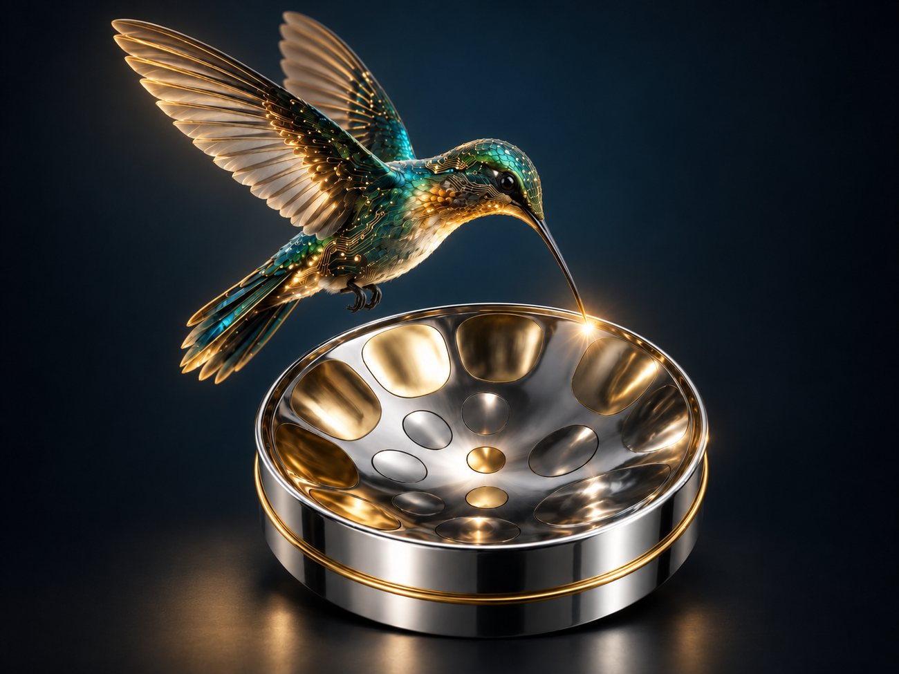 A hummingbird drawn in gold and teal circuitry, hovering over a polished steelpan against deep navy