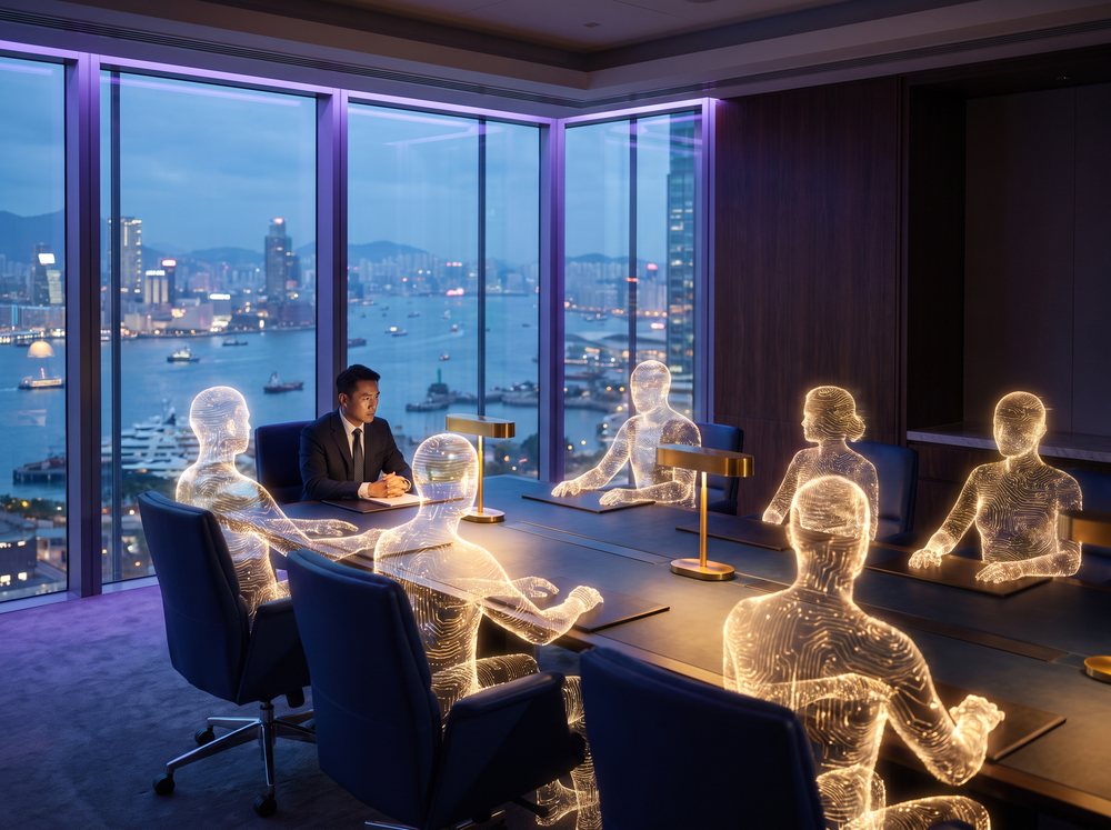 An executive alone at a boardroom table, the other chairs filled by colleagues made of light