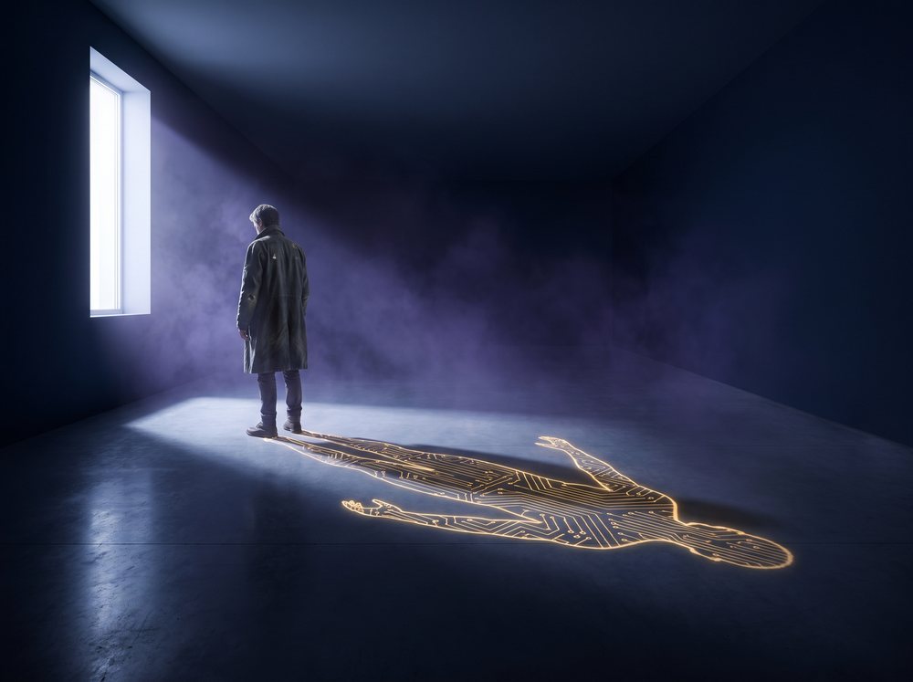 A figure alone in a dark hall whose cast shadow, drawn in gold circuitry, has turned and no longer matches them