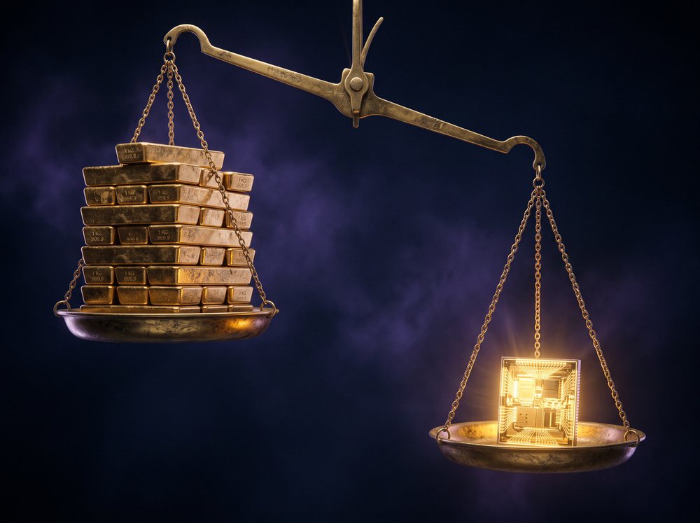 A balance scale on which one small glowing chip outweighs a stack of gold bars