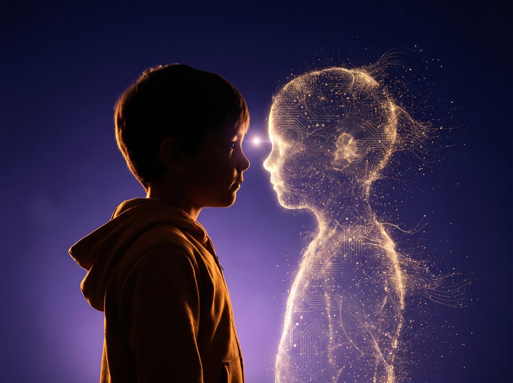 A child face to face with a figure of the same height made entirely of light