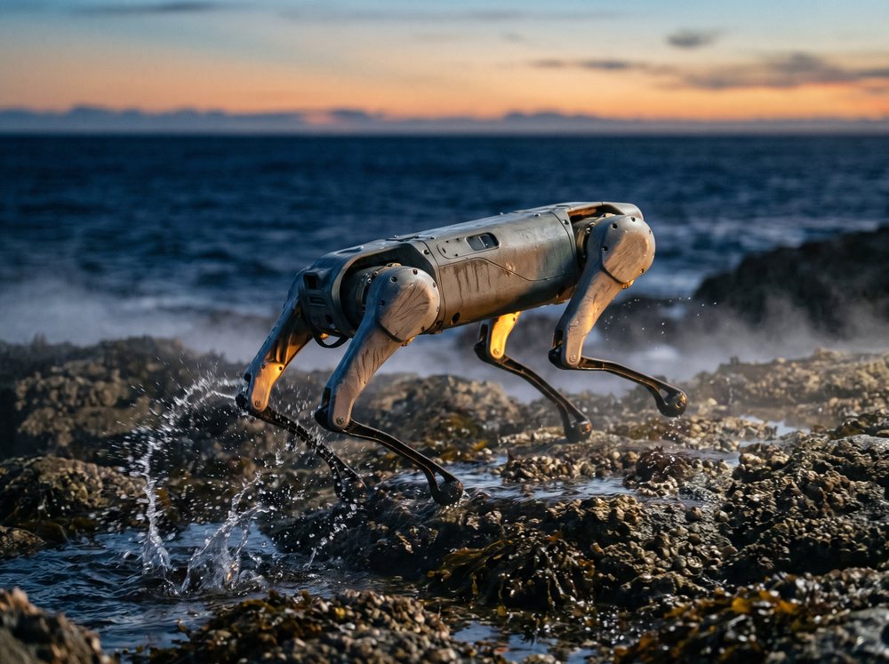 A four-legged robot mid-stride across wet rock at first light, water spraying from its footfall